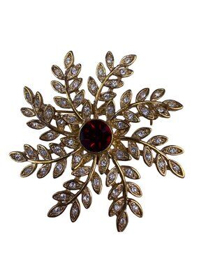 Vintage Gold Tone Womens Rhinestone Snowflake Brooch Jewelry Red/Multiple Stones